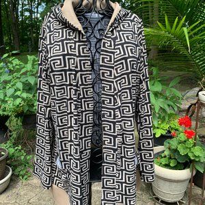 Black & Tan Greek Key Hooded Open Front Jacket - Size Large/X-Large